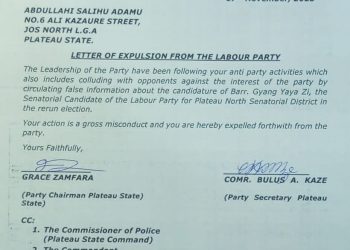 Plateau Labour party expels Hon Abdullahi Salihu Adamu for anti party activities