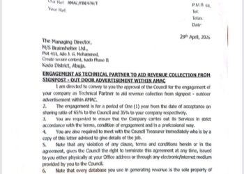 AMAC Disowns Fake Revenue Letter for Outdoor Advertisements and Signposts, Affirms Valid Contract with M/S Takushara Enterprise Ltd